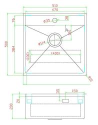 Pure.Sink Luxion Copper sink 51x50 cm Tapwing with tap hole PLX5150T-62