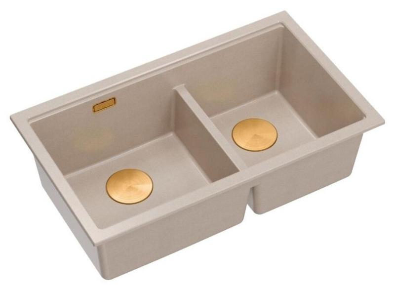 Quadri Newport II Double Beige Granite Undermount Sink 702 x 390 mm with Copper Plug 1208971755