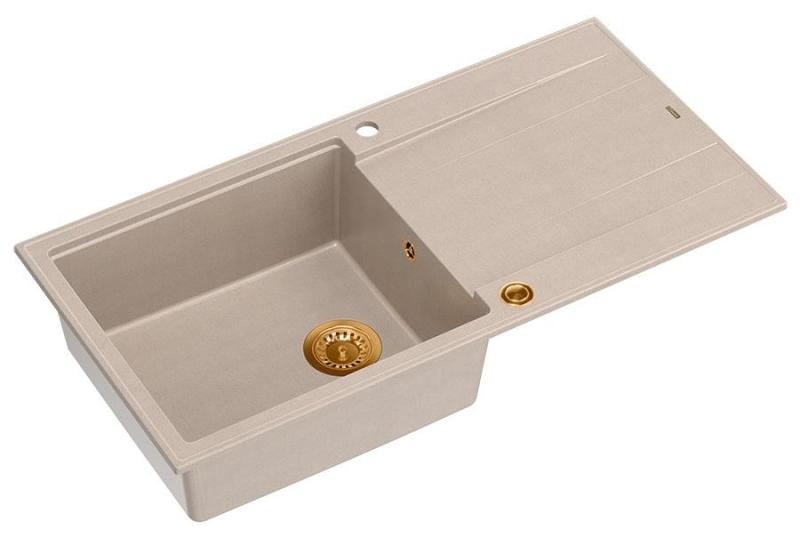 Quadri Luton pearl beige granite built-in sink with draining board, reversible 100x50cm with copper plug 1208971770