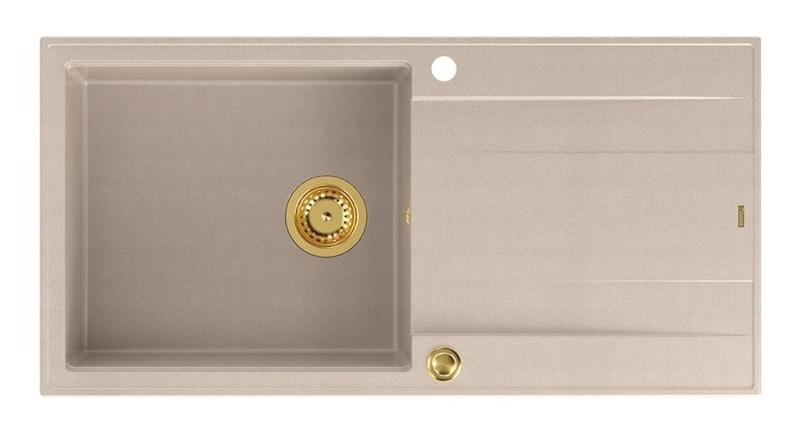 Quadri Luton beige granite built-in sink with draining board, reversible 100x50cm with gold plug 1208971771
