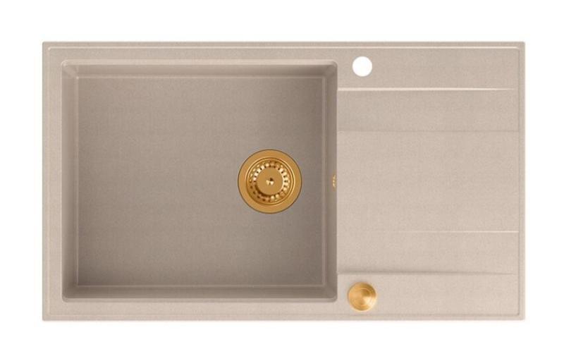 Quadri Luton pearl beige granite large built-in sink with draining board reversible 86x50cm with copper plug 1208971773