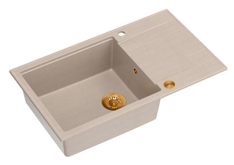Quadri Luton pearl beige granite large built-in sink with draining board reversible 86x50cm with copper plug 1208971773