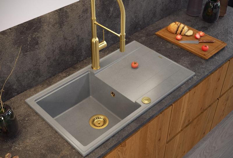 Quadri Luton pearl beige granite countertop sink with draining board reversible 86x50cm with gold plug 1208971778
