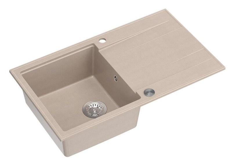 Quadri Luton pearl beige granite built-in sink with drainer, reversible 86x50cm with stainless steel plug 1208971779