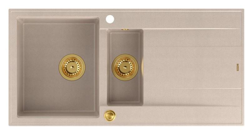 Quadri Luton pearl beige granite countertop 1.5 sink with draining board reversible 100x50cm with gold plug 1208971793