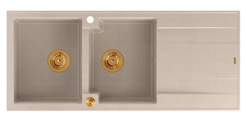 Quadri Luton built-up double granite sink in pearl beige with draining area 116x50 cm with copper plug 1208971801