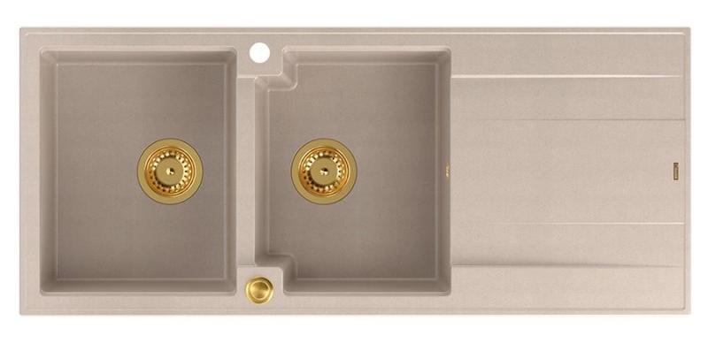 Quadri Luton built-in double granite sink pearl beige with draining area 116x50 cm with golden plug 1208971809