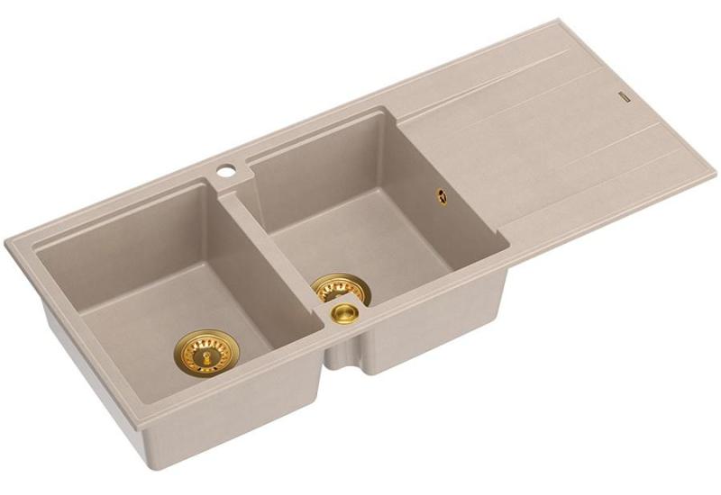 Quadri Luton built-in double granite sink pearl beige with draining area 116x50 cm with golden plug 1208971809