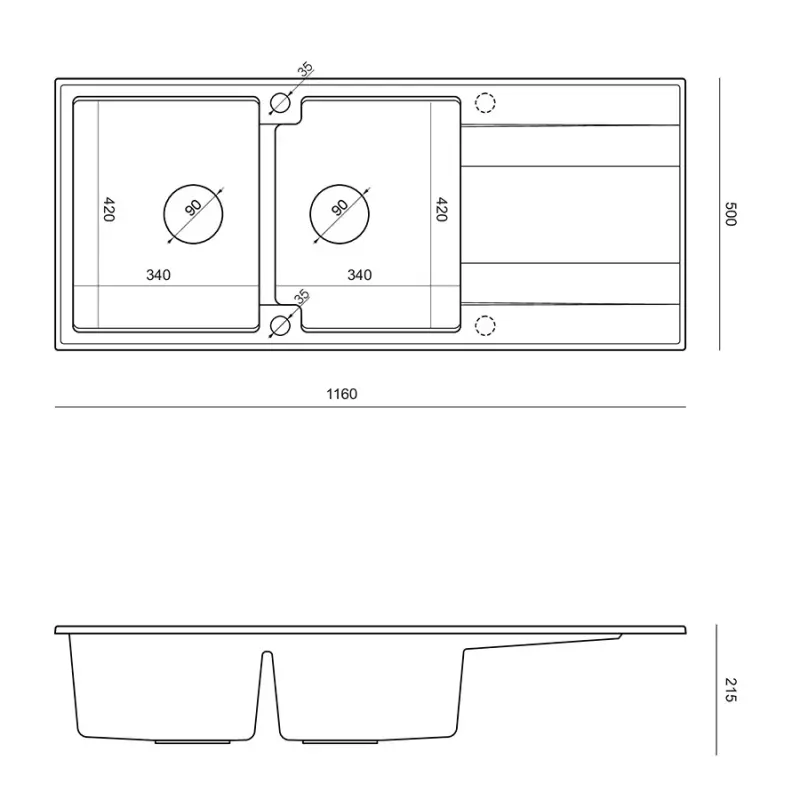 Quadri Luton construction double granite sink pearl beige with draining area 116x50 cm with stainless steel plug 1208971812