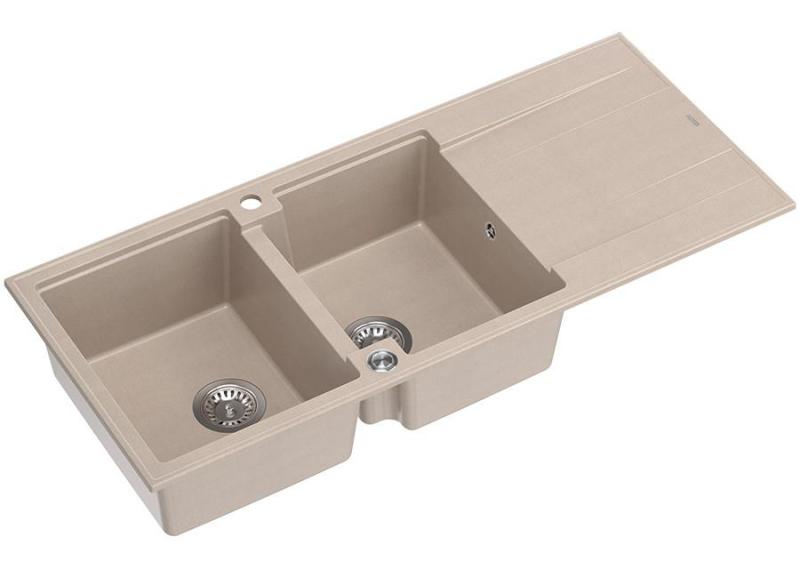 Quadri Luton construction double granite sink pearl beige with draining area 116x50 cm with stainless steel plug 1208971812