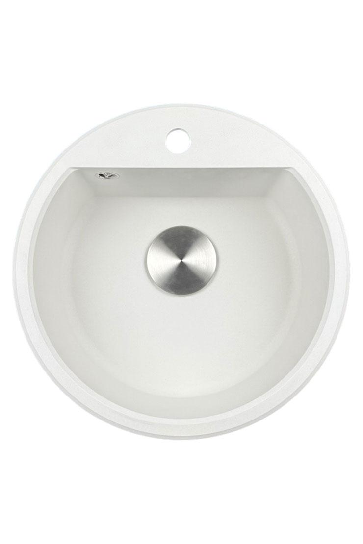 GraniteMy Bremen round granite sink 43 cm white, top-mount and under-mount, with faucet hole and automatic stainless steel plug 1208971845