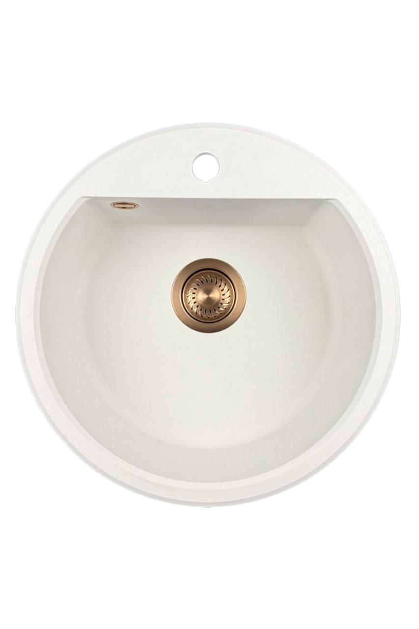 GraniteMy Bremen round granite sink 43 cm white, surface mounted and undermount, with faucet hole bench and automatic copper plug 1208971847