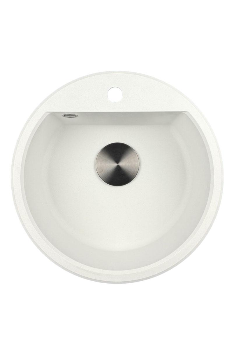 GraniteMy Bremen round granite sink 43 cm white, top mount and undermount, with faucet hole bench and automatic gun metal plug 1208971849