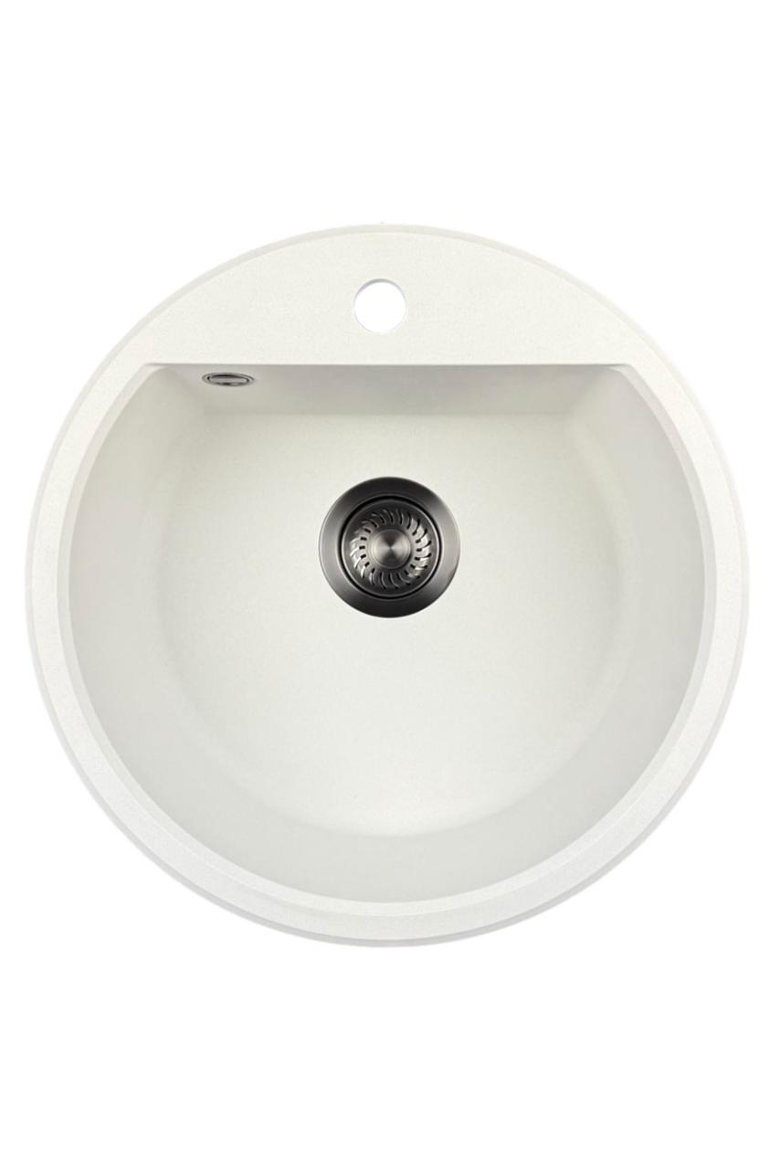 GraniteMy Bremen round granite sink 43 cm white, top mount and undermount, with faucet hole bench and automatic gun metal plug 1208971849
