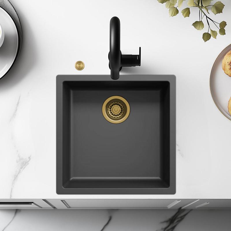 Ausmann Fibre black sink 40x40cm undermount, topmount and flushmount with automatic gold plug 1208971853