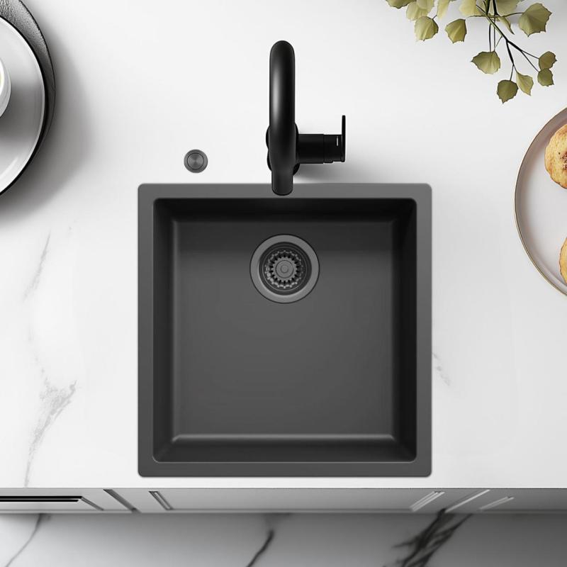 Ausmann Fibre black sink 40x40cm undermount, topmount and flush mount with automatic gun metal plug 1208971854