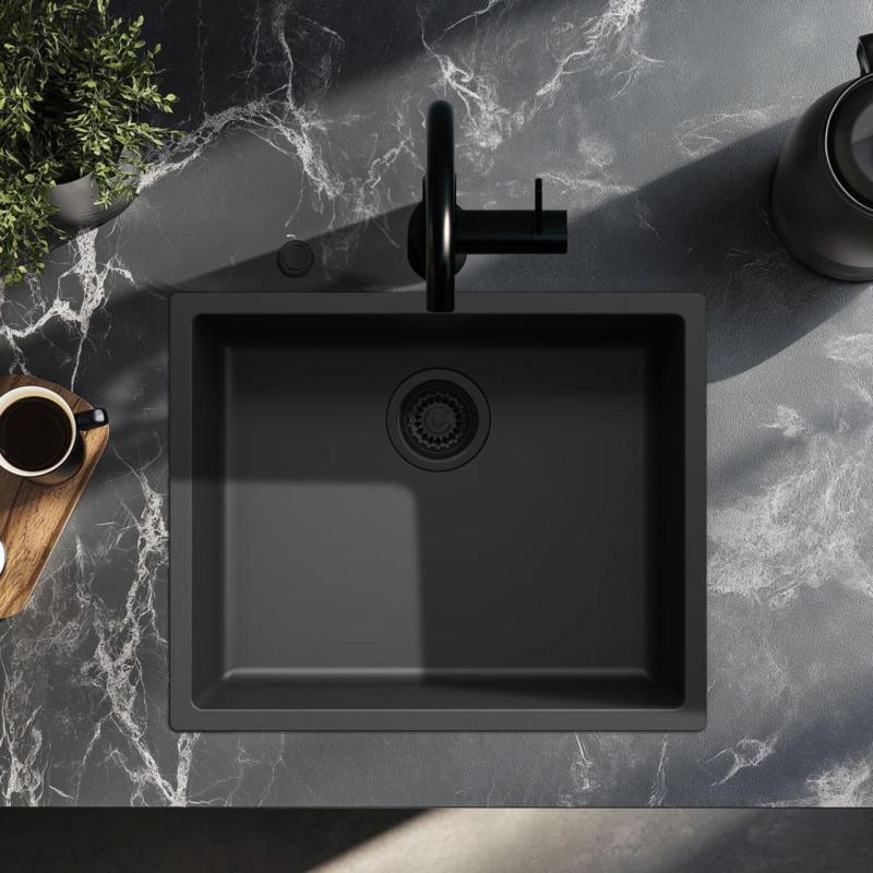 Ausmann Fibre black sink 50x40cm undermount, topmount and flushmount with automatic black plug 1208971856