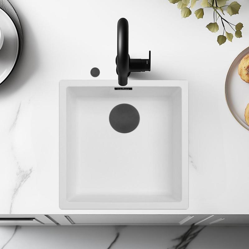 Ausmann Fibre white sink 40x40cm undermount, topmount and flushmount with automatic black plug 1208971892