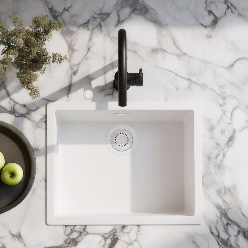 Ausmann Fiber white sink 50x40cm undermount, topmount and flush mount with automatic white plug 1208971903