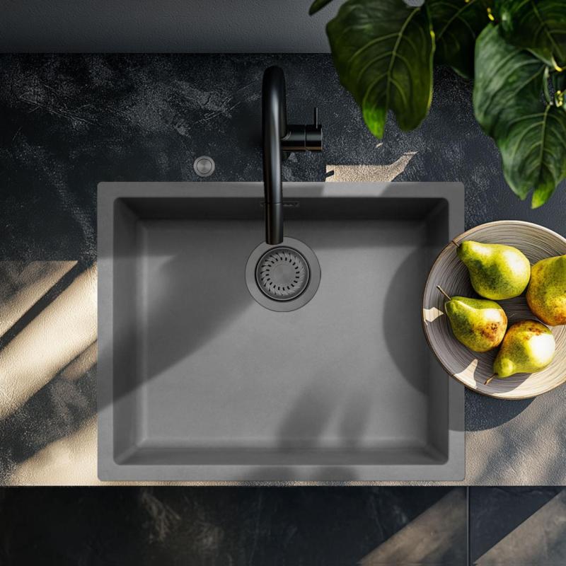 Ausmann Fibre concrete gray sink 50x40cm undermount, topmount, and flush-mount with automatic gun metal plug 1208971919