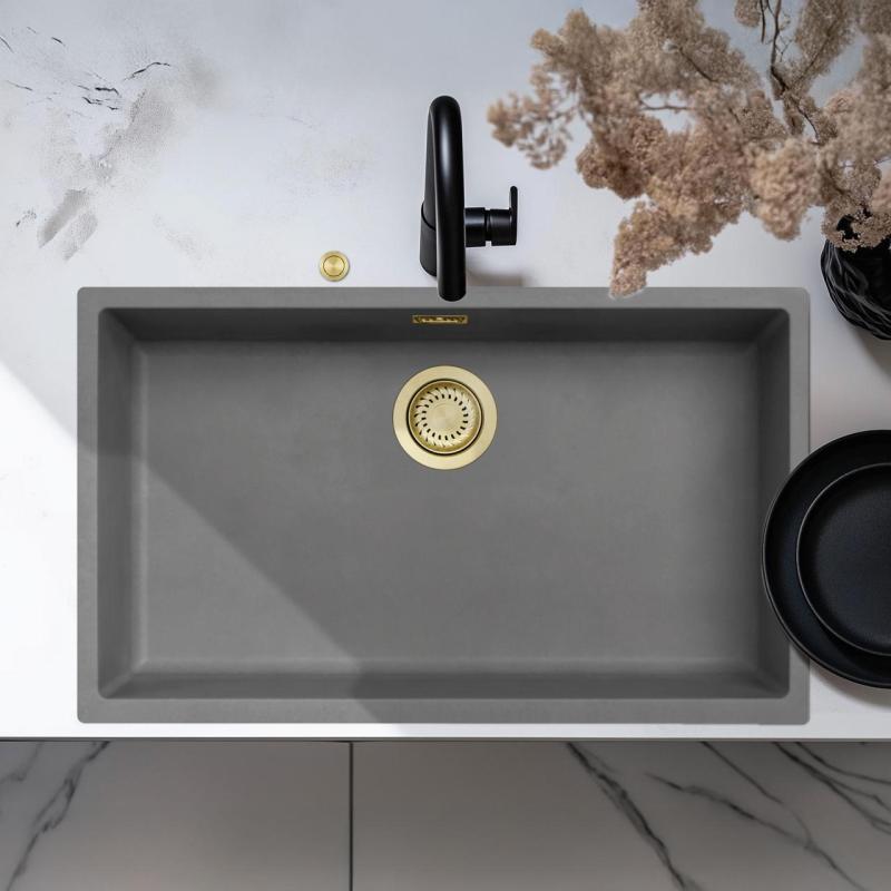 Ausmann Fiber concrete large gray sink 70x40cm undermount, topmount and flush mount with automatic golden plug 1208971923