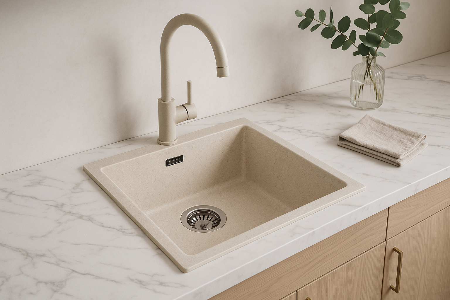 Ausmann Fibre sand white sink 40x40cm undermount, topmount and flush mount with automatic stainless steel plug 1208971925