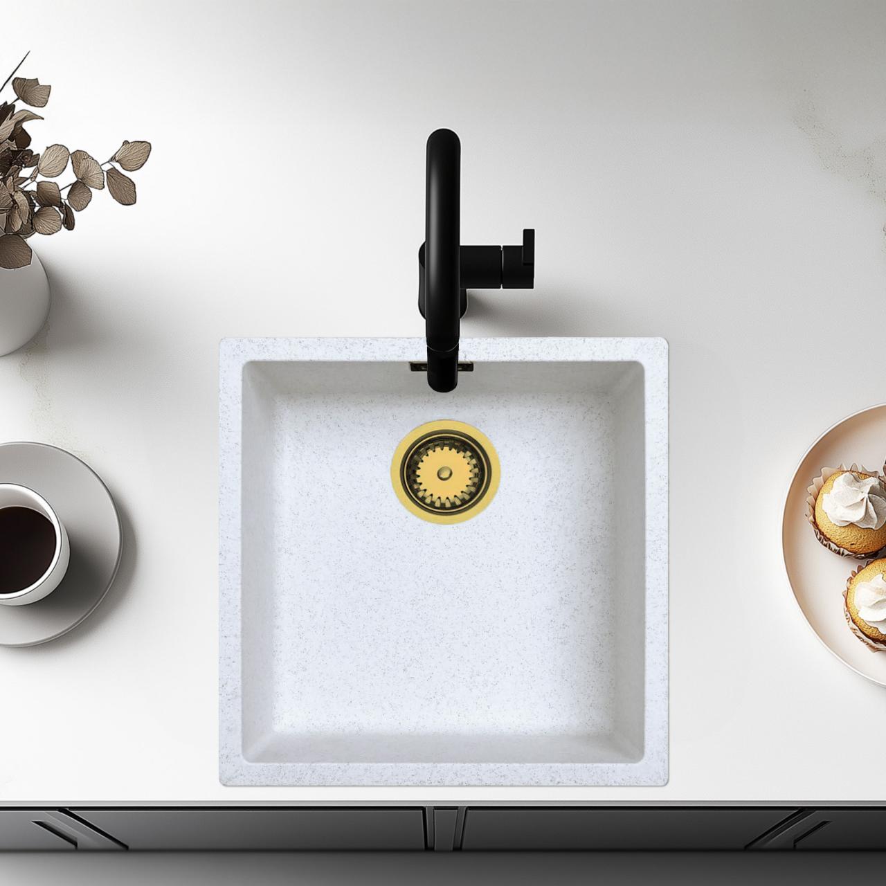 Ausmann Fibre sand white sink 40x40cm undermount, topmount and flush mount with automatic golden plug 1208971928