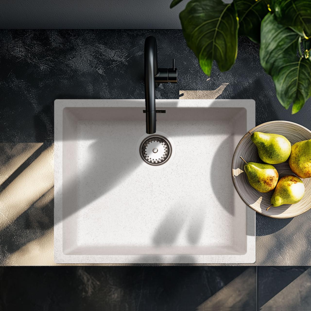 Ausmann Fibre sand white sink 50x40cm undermount, top mount and flush mount with automatic stainless steel plug 1208971930