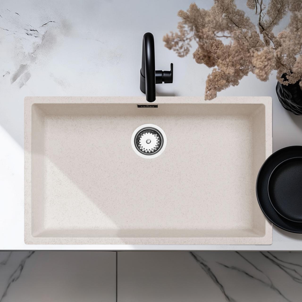 Ausmann Fibre white sand large sink 70x40cm undermount, topmount and flushmount with automatic stainless steel plug 1208971935