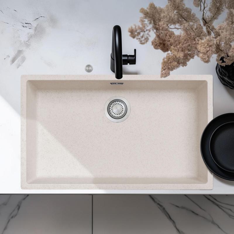 Ausmann Fibre white sand large sink 70x40cm undermount, topmount and flushmount with automatic stainless steel plug 1208971935