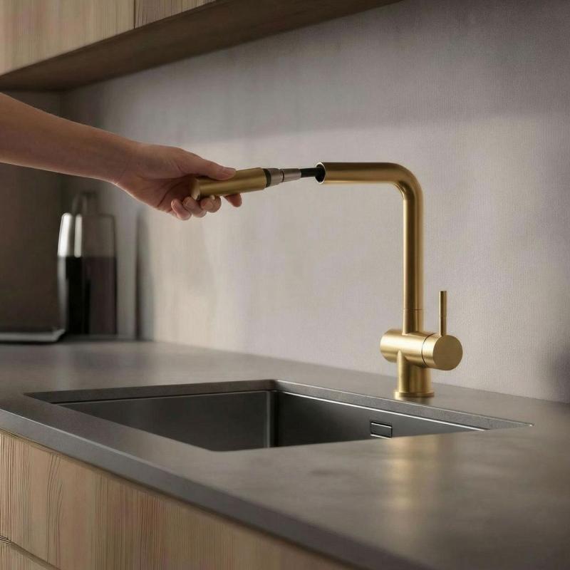 Pure.Sink Elite Steel Pulse-S kitchen tap PVD brushed gold with pull-out spout and spray mode PS8500-60