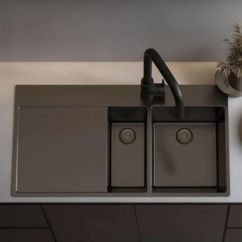 Pure.Sink Exclusivo Gun metal 1.5 sink with drainer 100x52 cm Tapwing right PEX3418100RT-61