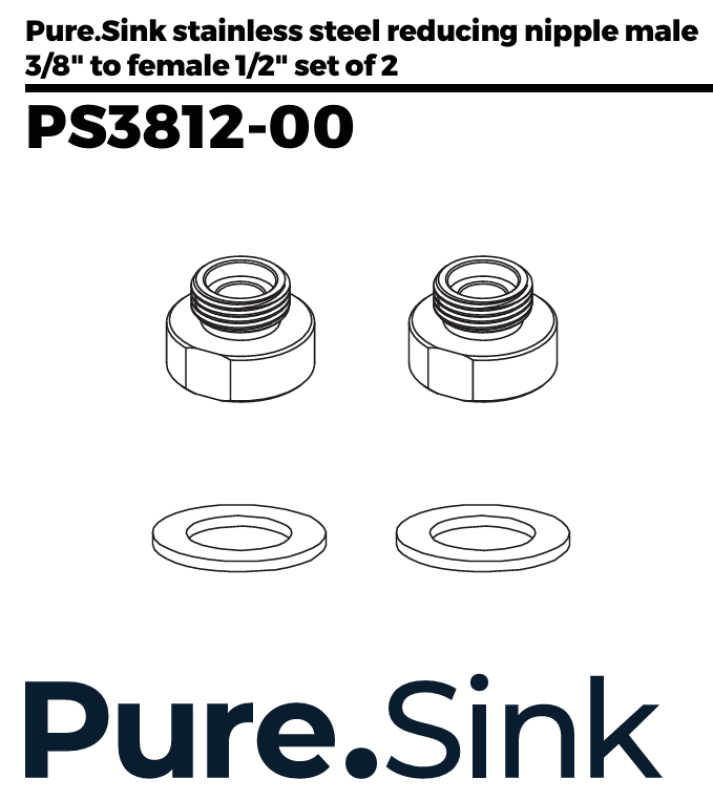 Pure.Sink Reducing nipple, stainless steel, from 3/8 external diameter (male) to 1/2 internal diameter (female). Set of 2 pieces PS3812-00