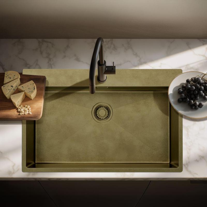 Pure.Sink Luxion Large PVD Antique Bronze sink 78x50 cm Tapwing with tap hole bench and bottom rack PLX7850T-64