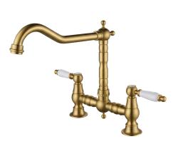 Aquanello Heritage Manor Classic Kitchen Nostalgic Bridge Kitchen Faucet, Bronze with White Handle BN-0010-HM