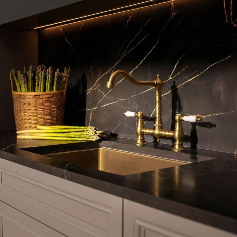 Aquanello Heritage Manor Classic Kitchen Nostalgic Bridge Kitchen Faucet, Bronze with White Handle BN-0010-HM