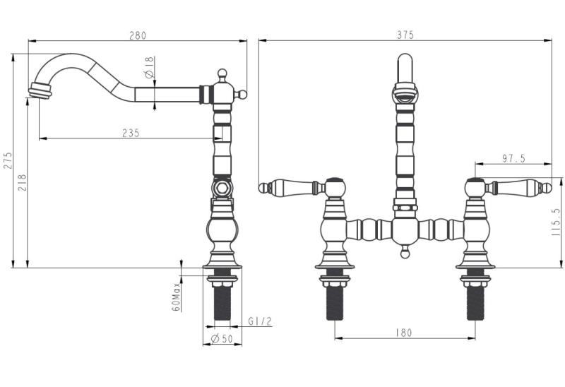 Aquanello Heritage Manor Classic Kitchen Nostalgic Bridge Kitchen Faucet Chrome with White Handle CR-0010-HM