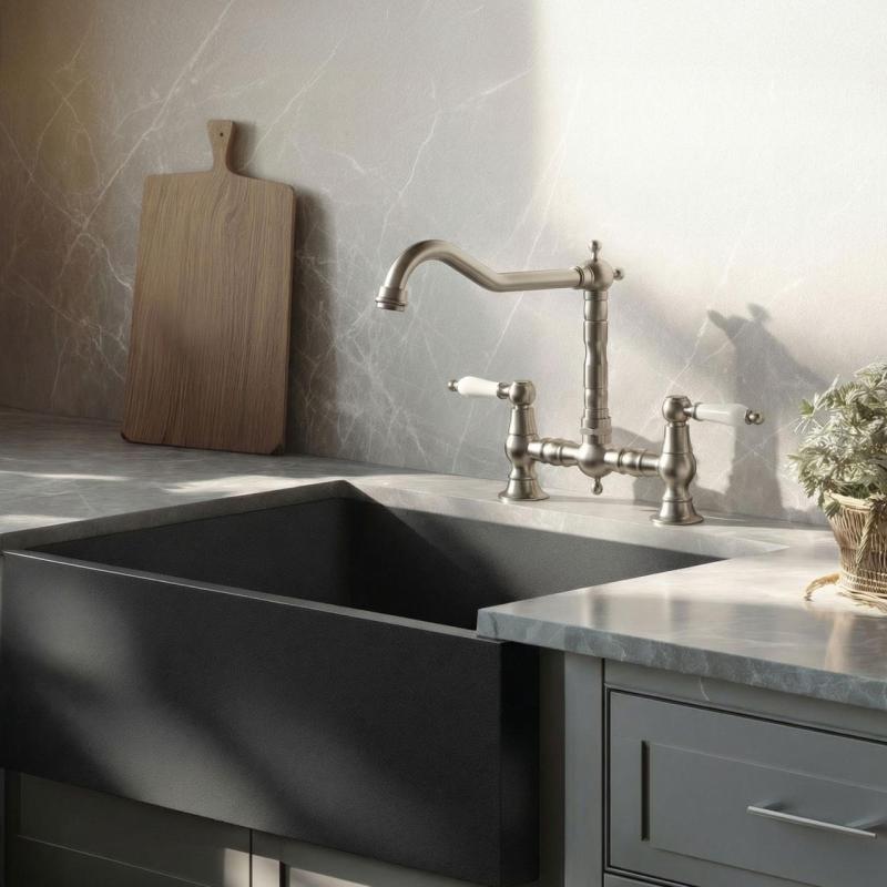 Aquanello Heritage Manor Classic Kitchen Nostalgic Bridge Kitchen Faucet Chrome with White Handle CR-0010-HM