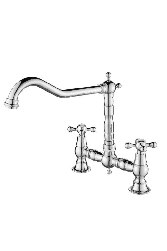 Aquanello Heritage Ascot Classic Kitchen Nostalgic Bridge Kitchen Faucet, Chrome with Cross Handles CR-0011-HA
