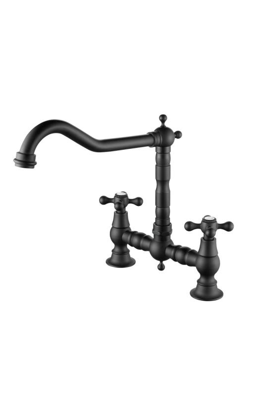 Aquanello Heritage Ascot Classic Kitchen Nostalgic Bridge Kitchen Faucet, Black with Cross Handles BL-0011-HA