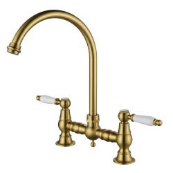 Aquanello Heritage Manor Classic Kitchen Nostalgic Bridge Kitchen Faucet in Bronze with White Handle and Round Spout BN-4001-HM