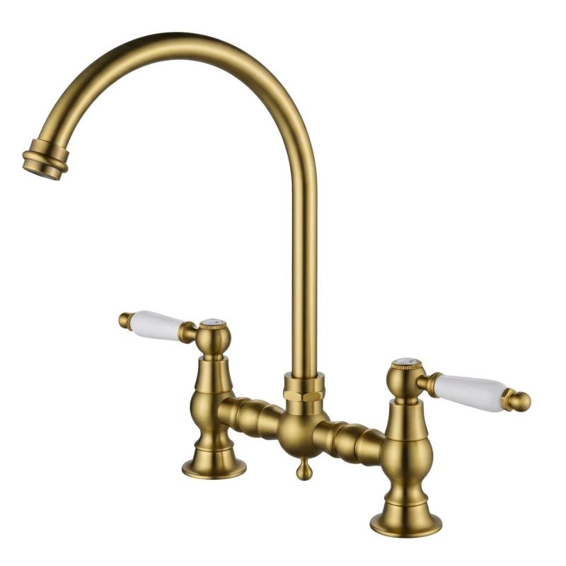 Aquanello Heritage Manor Classic Kitchen Nostalgic Bridge Kitchen Faucet in Bronze with White Handle and Round Spout BN-4001-HM