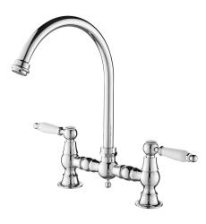 Aquanello Heritage Manor Classic Kitchen Nostalgic Bridge Kitchen Faucet, Chrome with White Handle and Round Spout CR-4001-HM