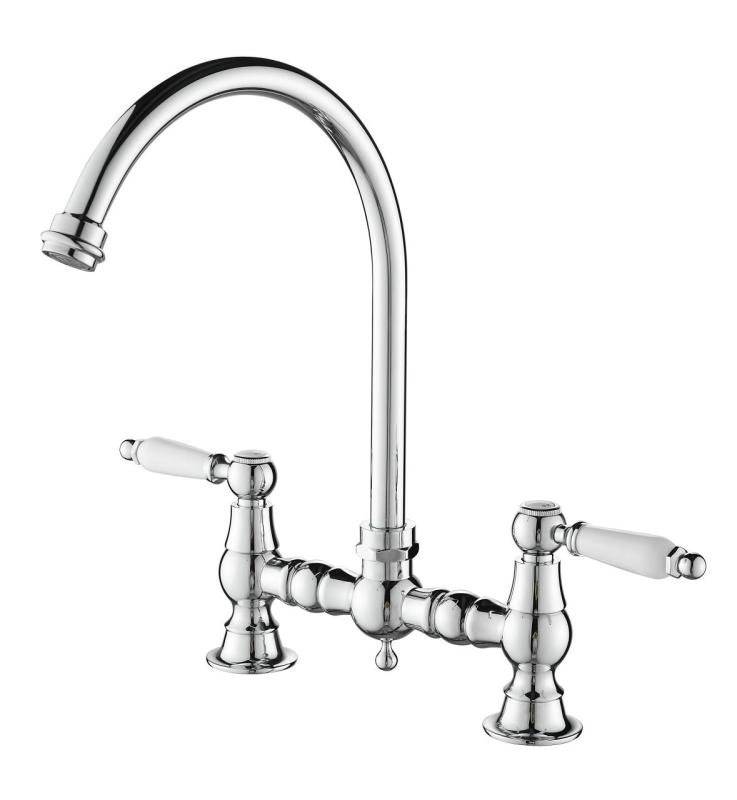 Aquanello Heritage Manor Classic Kitchen Nostalgic Bridge Kitchen Faucet, Chrome with White Handle and Round Spout CR-4001-HM