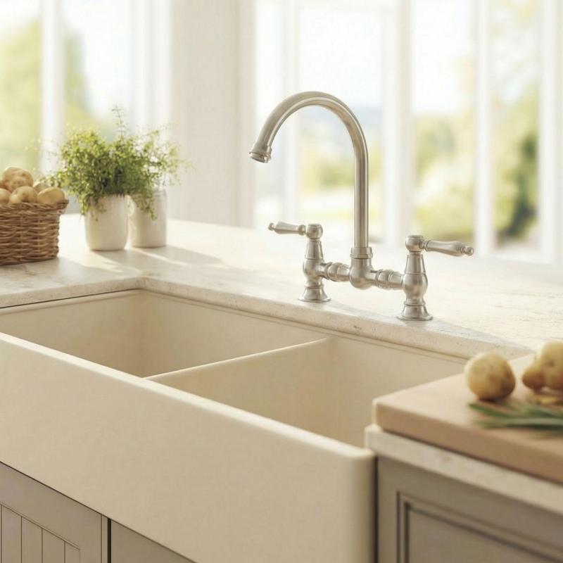 Aquanello Heritage Manor Classic Kitchen Nostalgic Bridge Kitchen Faucet, Chrome with White Handle and Round Spout CR-4001-HM