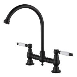 Aquanello Heritage Manor Classic Kitchen Nostalgic Bridge Kitchen Faucet, Black with White Handle and Round Spout BL-4001-HM