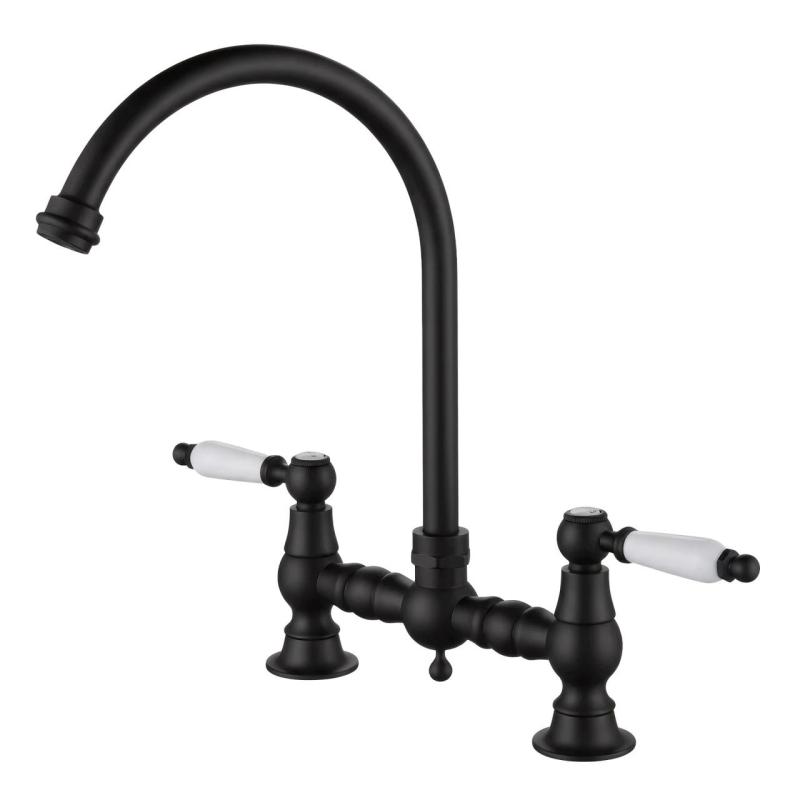 Aquanello Heritage Manor Classic Kitchen Nostalgic Bridge Kitchen Faucet, Black with White Handle and Round Spout BL-4001-HM