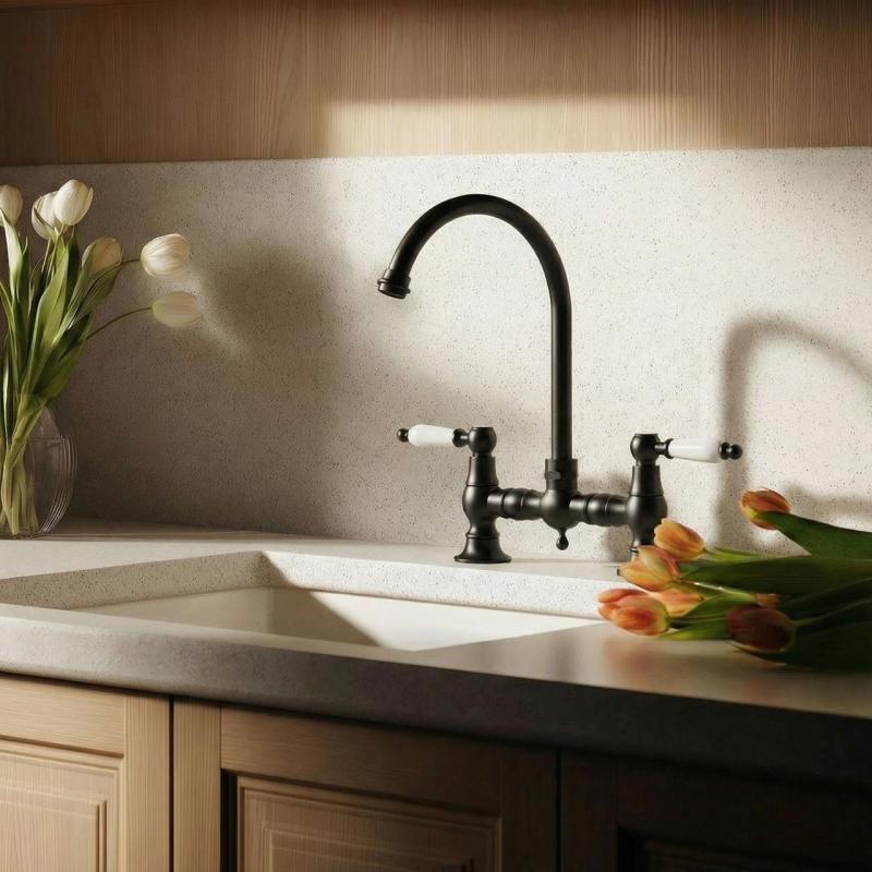 Aquanello Heritage Manor Classic Kitchen Nostalgic Bridge Kitchen Faucet, Black with White Handle and Round Spout BL-4001-HM