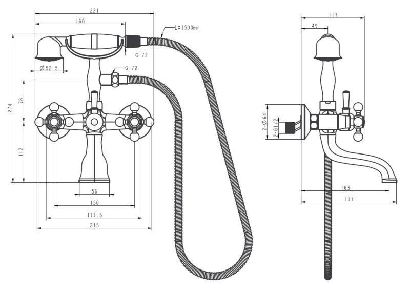 Aquanello Heritage Ascot Classic Surface-Mounted Bath Mixer with Star Knobs, Stainless Steel, including Hand Shower NB-3002-HA