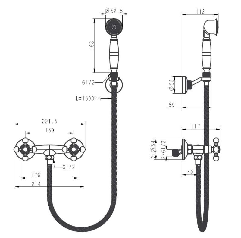 Aquanello Heritage Ascot Classic Surface-Mount Shower Faucet Set with Star Knobs, Stainless Steel, including Hand Shower NB-2002-HA